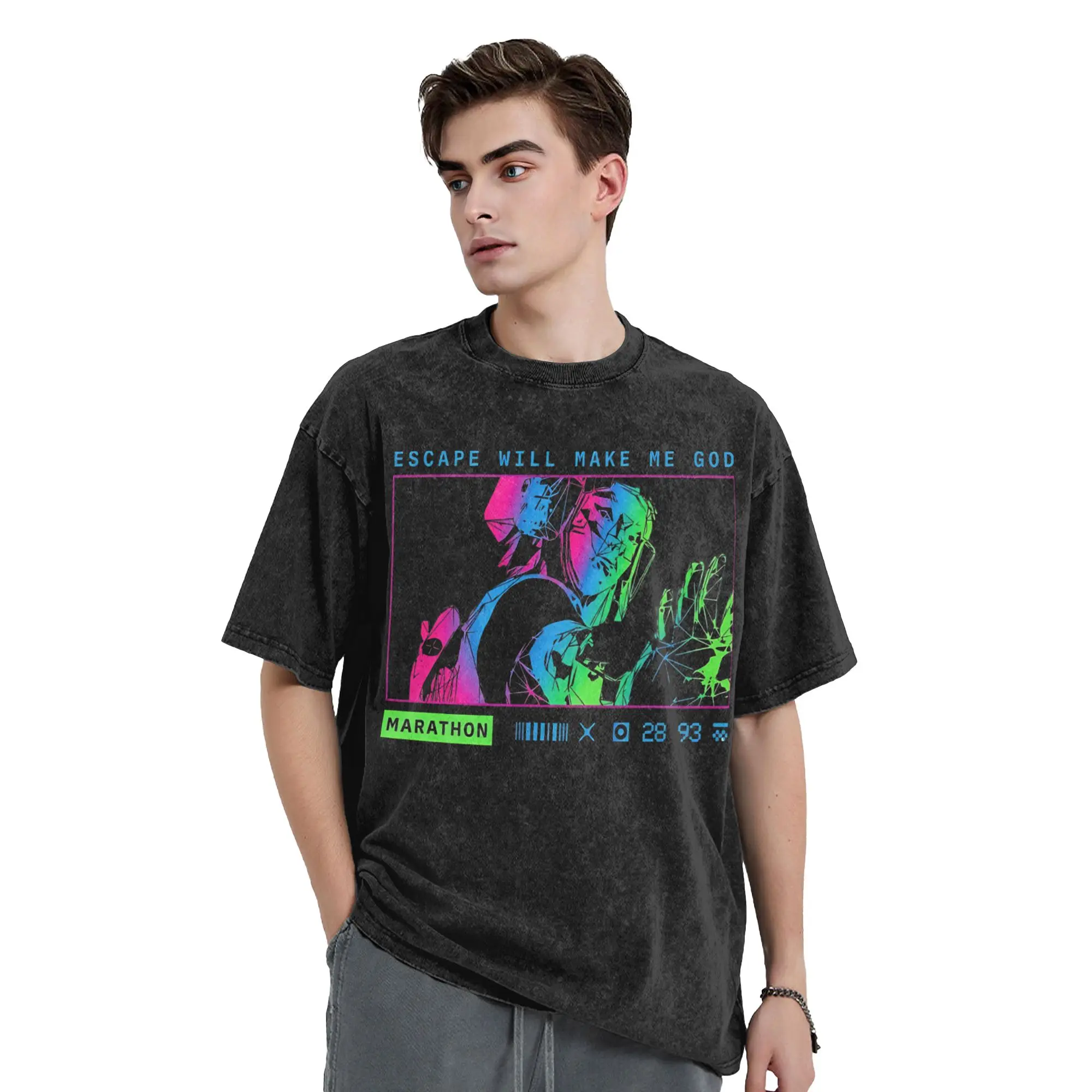 Casual Marathon Game  Vintage Washed T-Shirt Men 100%Cotton Short Sleeve Vandal Wireframe Escape Will Make Me God Summer Top Tee