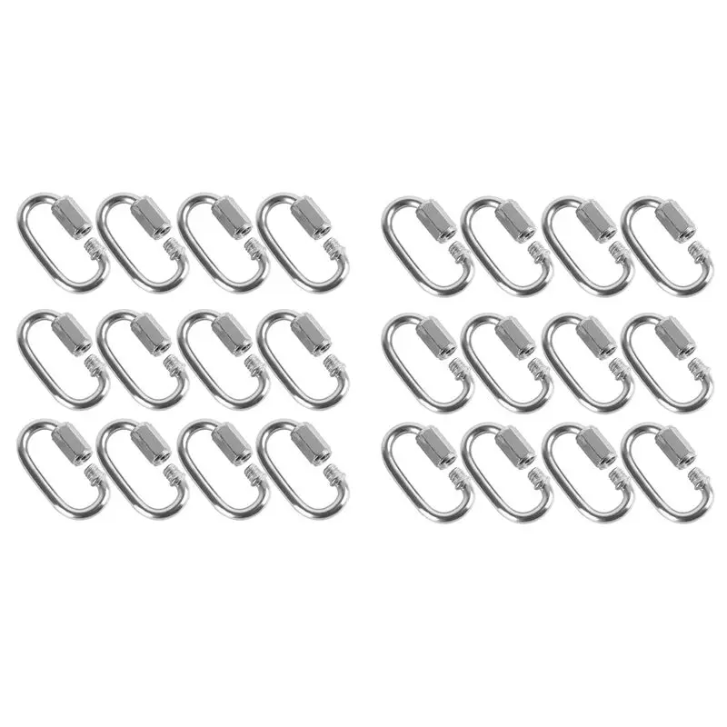B62B-24 Pcs Quick Link 4MM Stainless Steel Chain Connector,Heavy Duty D Shape Locking Looks For Carabiner, Max.Load 500 Lb