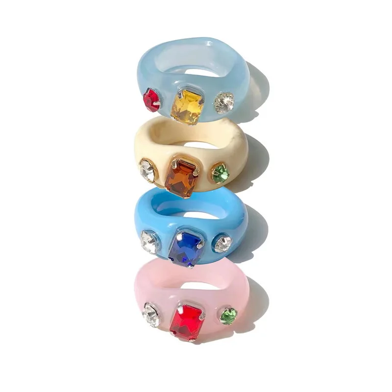 New Y2k Handmade Colored Acrylic Exaggeration Resin Inlaid Gemstones Personality Lovely Rings for Women Girls Party Jewelry Gift