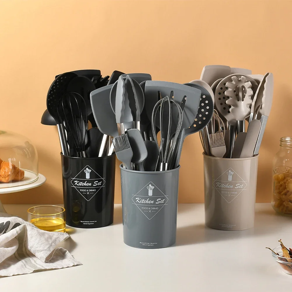 15Pcs Black Silicone Kitchen Utensils Set Non-Stick Cookware Stainless Steel Handle Spatula Egg Beaters Kitchenware Accessories
