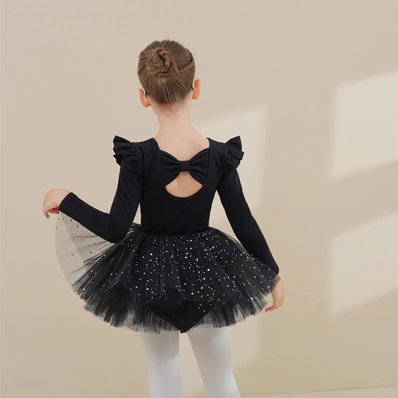 Maillot de Ballet de Manga Larga de Algodón Negro para Niñas Pequeñas, Falda de Tul para Danza China