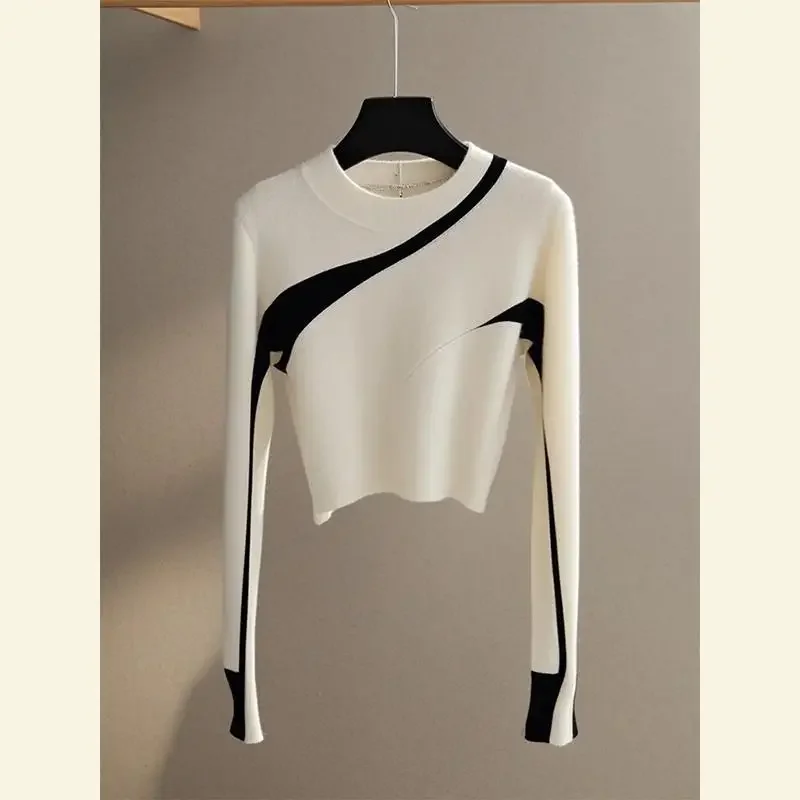 

Autumn Fashion Striped Patchwork Elastic Slim Sweaters Women's Clothing Casual O-neck Thick Wool Knitted Pullovers JJ212
