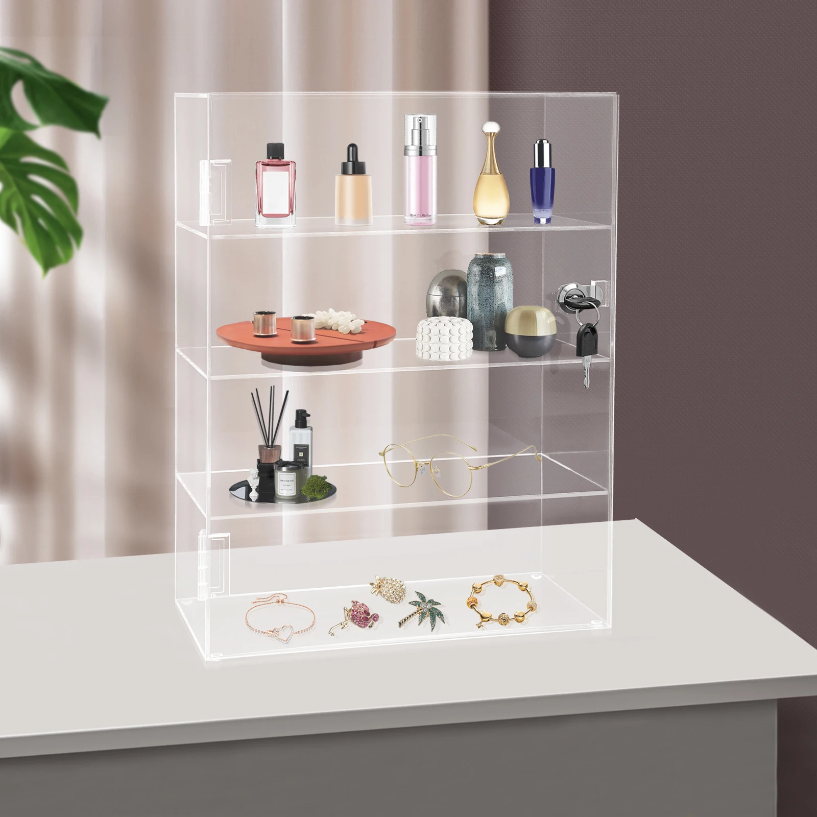 

Clear Acrylic Display Case With Lock Countertop Box Dustproof Shelves Showcase 4 Layers Clear Acrylic Countertop Display Case