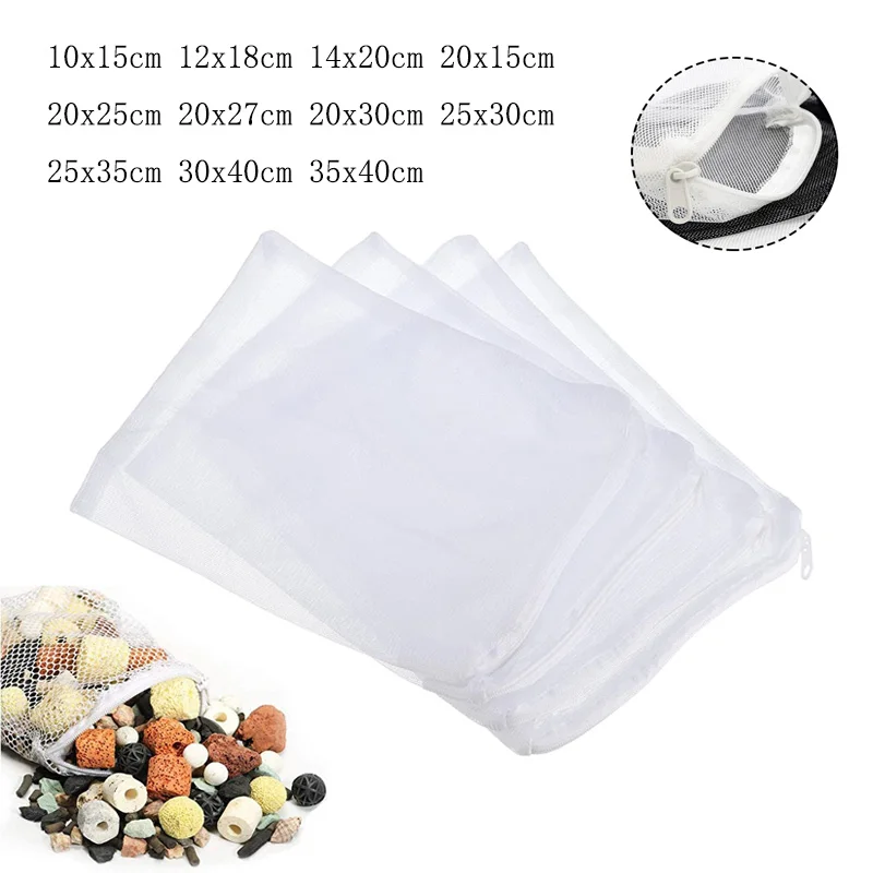 

White 5Pcs/Set Aquarium Filter Bag Fish Tank Mesh Bag Zipper Net Pond For Bio Ball Active Carbon Isolation Storage 11 Sizes