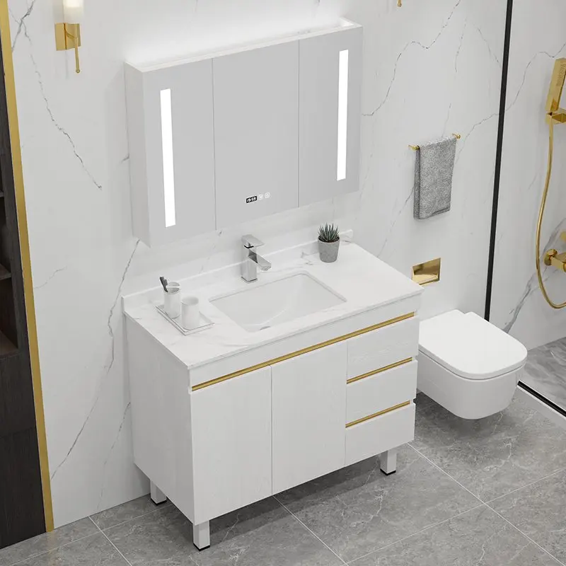 Hotel Washroom Furniture Luxury Solid Wood Floor Mount Bathroom Vanity Units Waterproof Bathroom Cabinet with Smart Mirrorpromot