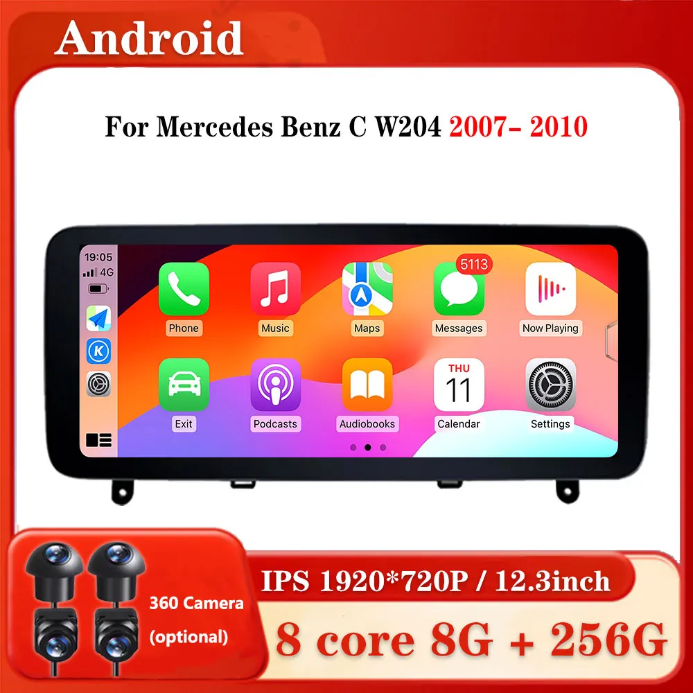 12.3 inch For Mercedes Benz C W204 2007- 2010 Android Car Radio Video Multimedia Player 4G WiFi GPS 1920*720P HD Touch Screen