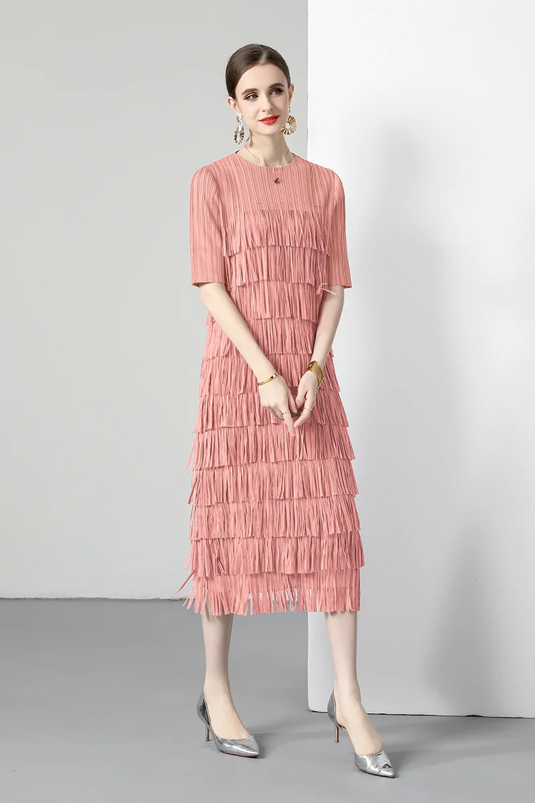 2024 Miyake Pleated Multi-layered Fringed Cake Dress Solid Color Round Neck Mid-sleeve Super Slim Dress Design Hepburn Long Skir