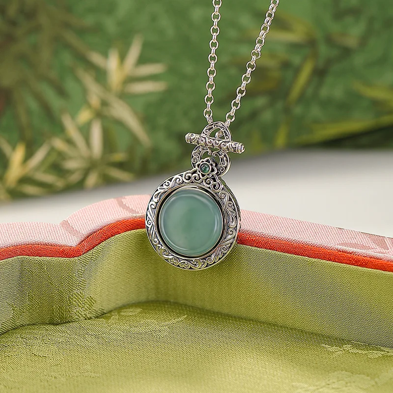 Amxiu Sterling Silver 925  Blue Water Jade  Ruyi Vajra Pestle Gourd Rotating Round Pendant Necklace Set Chain
