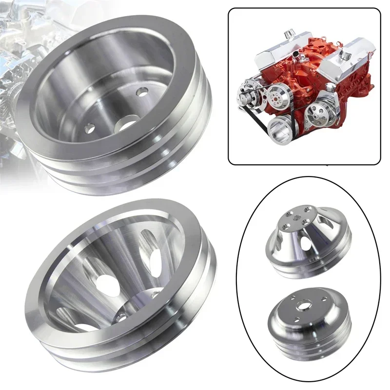 Silver Aluminum 2 & 3 Groove Long Water Pump LWP Crank Pulley Kit For SBC Chevy 283 350 265 305 327 383 400 Engine Crank