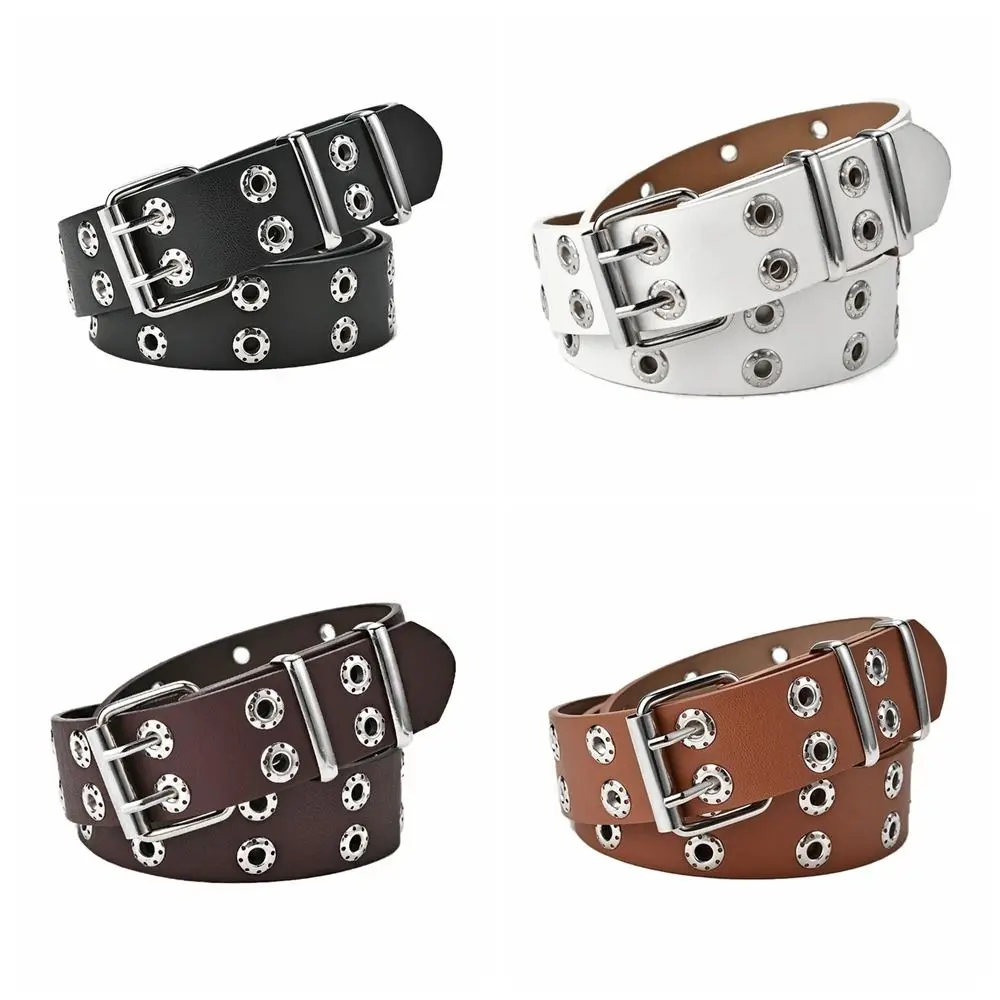 

New Punk Double Row Hole PU Leather Belt For Women's Men Decorative Versatile Jeans Belt Fashion Simple Casual Belt Accessories