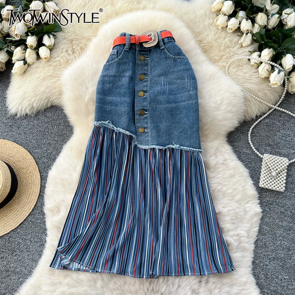 TWOTWINSTYLE Koreaanse Stijl Slanke Denim Rokken Voor Vrouwen Hoge Taille Gesplitste Knop Herfst Causale Hit Kleur Rok Vrouwelijke KSK557081