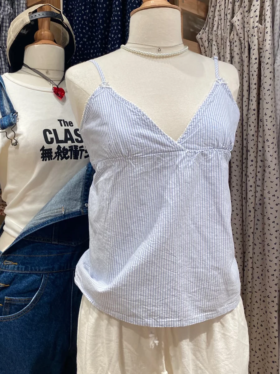 

Blue Striped Back Lace-up Tank Top Women Bow Lace Trim Sexy V-neck Camisole Summer Vintage Casual Sweet Sleeveless Crop Tops Y2k