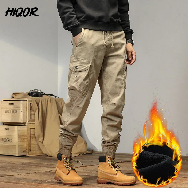 HIQOR Multiple Pocket Mens Cargo Pants Winter Fleece Warm Military Trousers Male Outdoor Tactical Pants for Men Cargo Y2k Pants