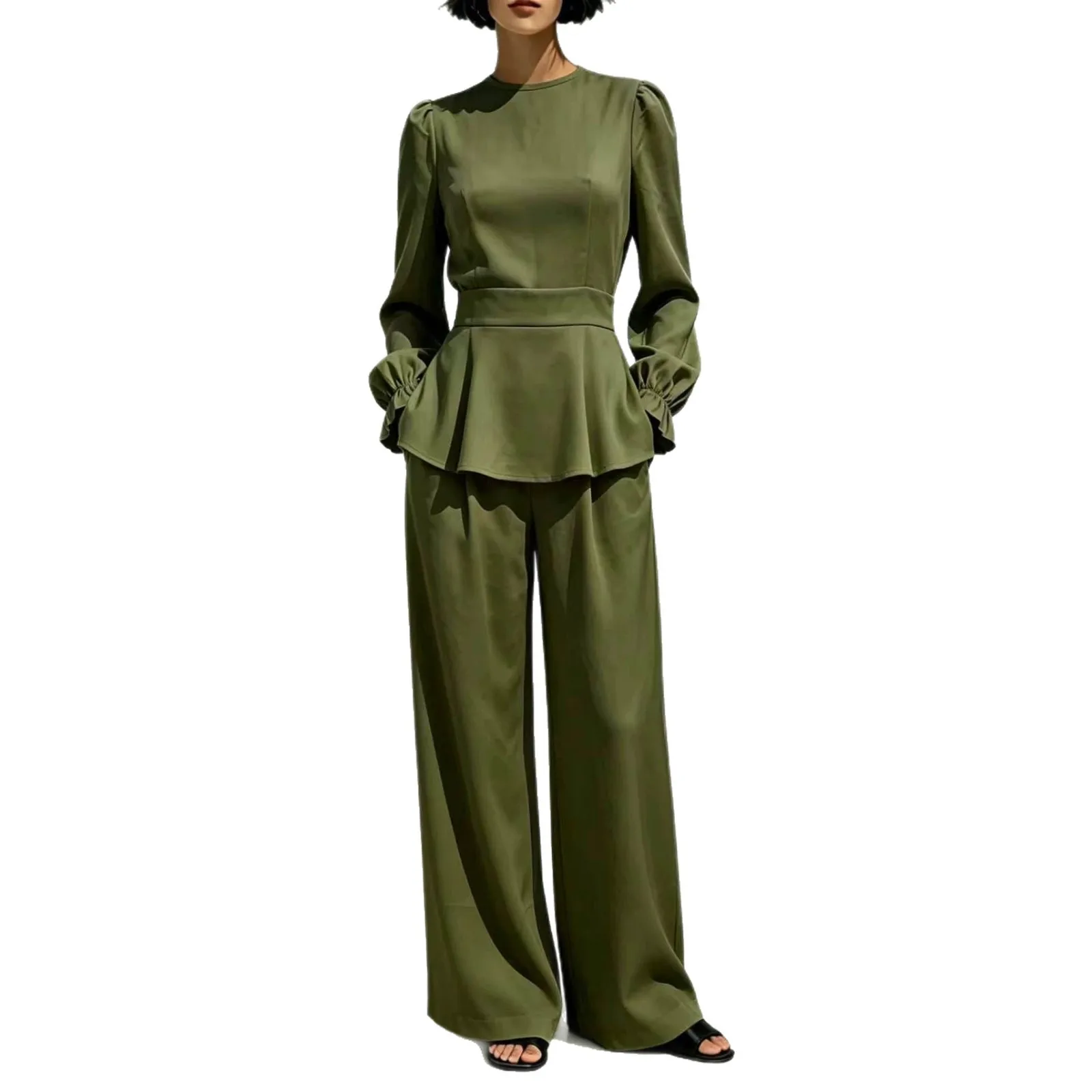 Women's elegant two-piece long sleeved round neck flared pants top, high waisted loose wide leg pants, solid color casual set