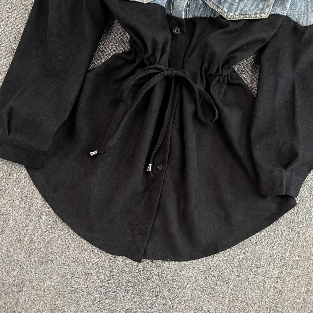 Women’s Turn-down Collar Denim Patchwork Shirt Jacket Autumn Loose Long Sleeve Drawstring Waist Mid-Length Casual Streetwear Top