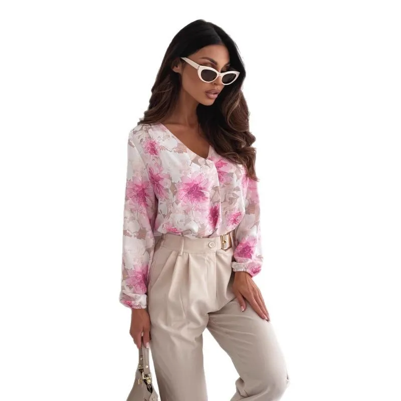 Women's Floral Printed V-neck Shirt Trendy New 2025 Spring Autumn Long Sleeve Elegant Casual Female Top Commute Casual Blouse
