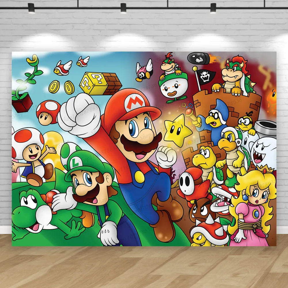 Backdrop Super Marios Luigi Boys Bros Birthday Party Photography Background Baby Shower Event Wall Banner Poster Banner Decor