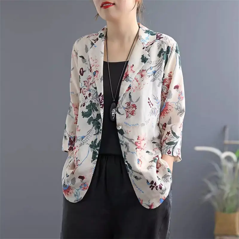 Cotton And Linen Shirt Casual Printing Women's 3/4 Sleeve Short Jacket Cardigan Versatile Top Spring Summer Blazer K2103