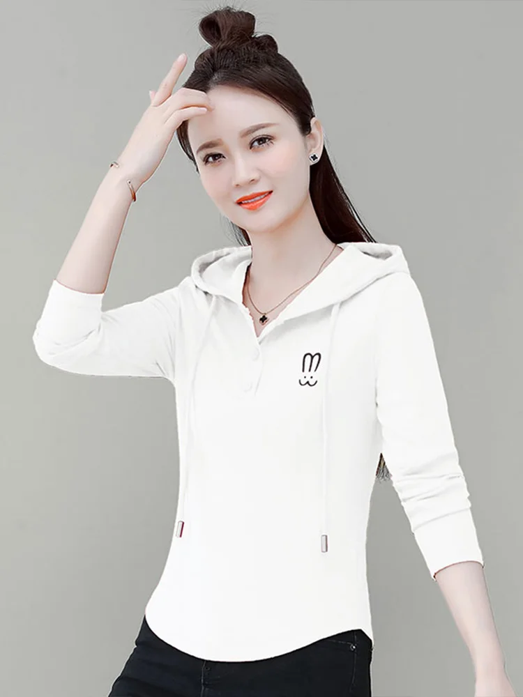 Slim Fit Long Sleeve Hoodie Women's Fashionable Thin Style Spring Autumn T-Shirt Threaded Cuff Korean Style Cotton Top