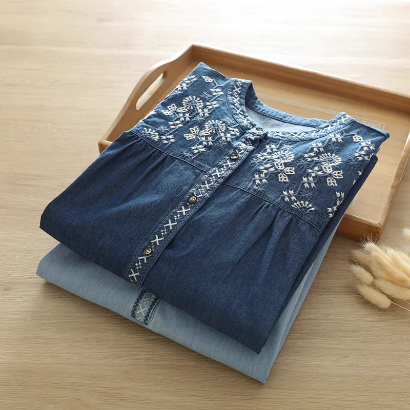 2025 Ethnic denim shirts long sleeve blouses for women autumn Mexican style boho blue embroidery jean shirts