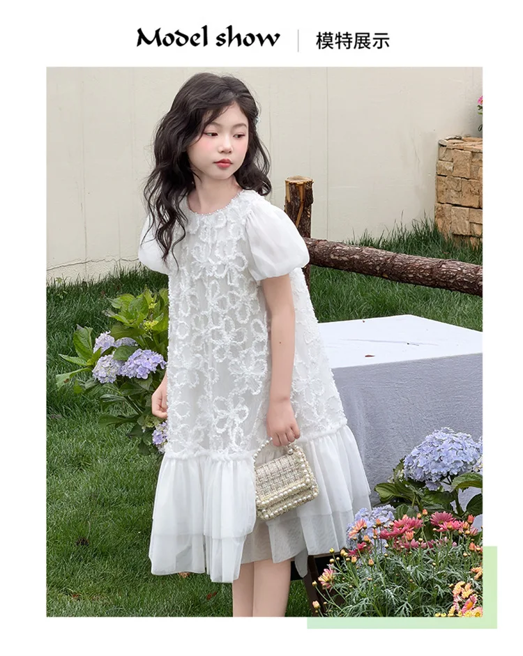 New Baby Summer Girls Teenage White Mesh Dress, Princess Kids Fashion Holiday Dresses 5- 12 T