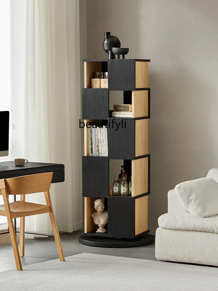 Furniture Rotating Bookshelf Black Ash Wood Living Room Corner Storage Corner Floor 360 Degrees Solid Wood Bookcase