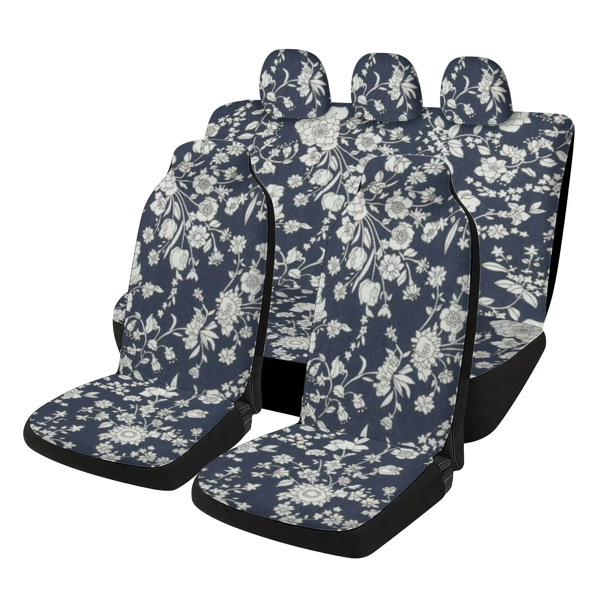 Complete Set Of Additions For A Five-Seater Car With Navy White Floral Design, Including Covers For Two Front Seats, Three Headr