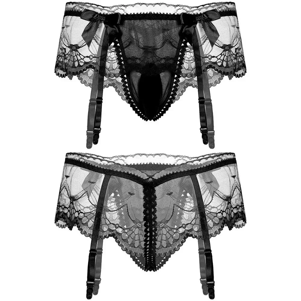 Men Lingerie Sissy Underwear Hollow Out Lace Skirted Thongs Bowknot Crotchless T-Back Panties With Garter Belt G-String Brief