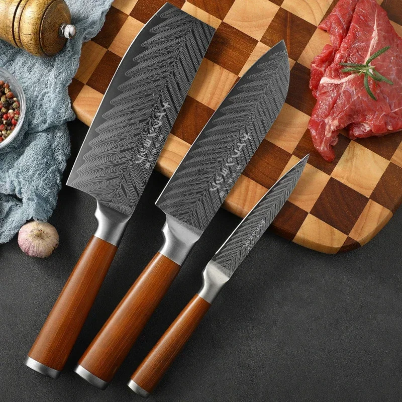 Professional Japanese Kitchen Chef Knife Set Damascus Laser Pattern Meat Fish Fruit Vegetables Butcher Cleaver Steel BBQ Knives