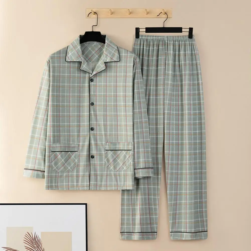 Soft Homewear Men's Plaid Print Pajama Set with Long Sleeve Shirt Elastic Waist Pants Comfortable Loungewear Suit for Relaxing