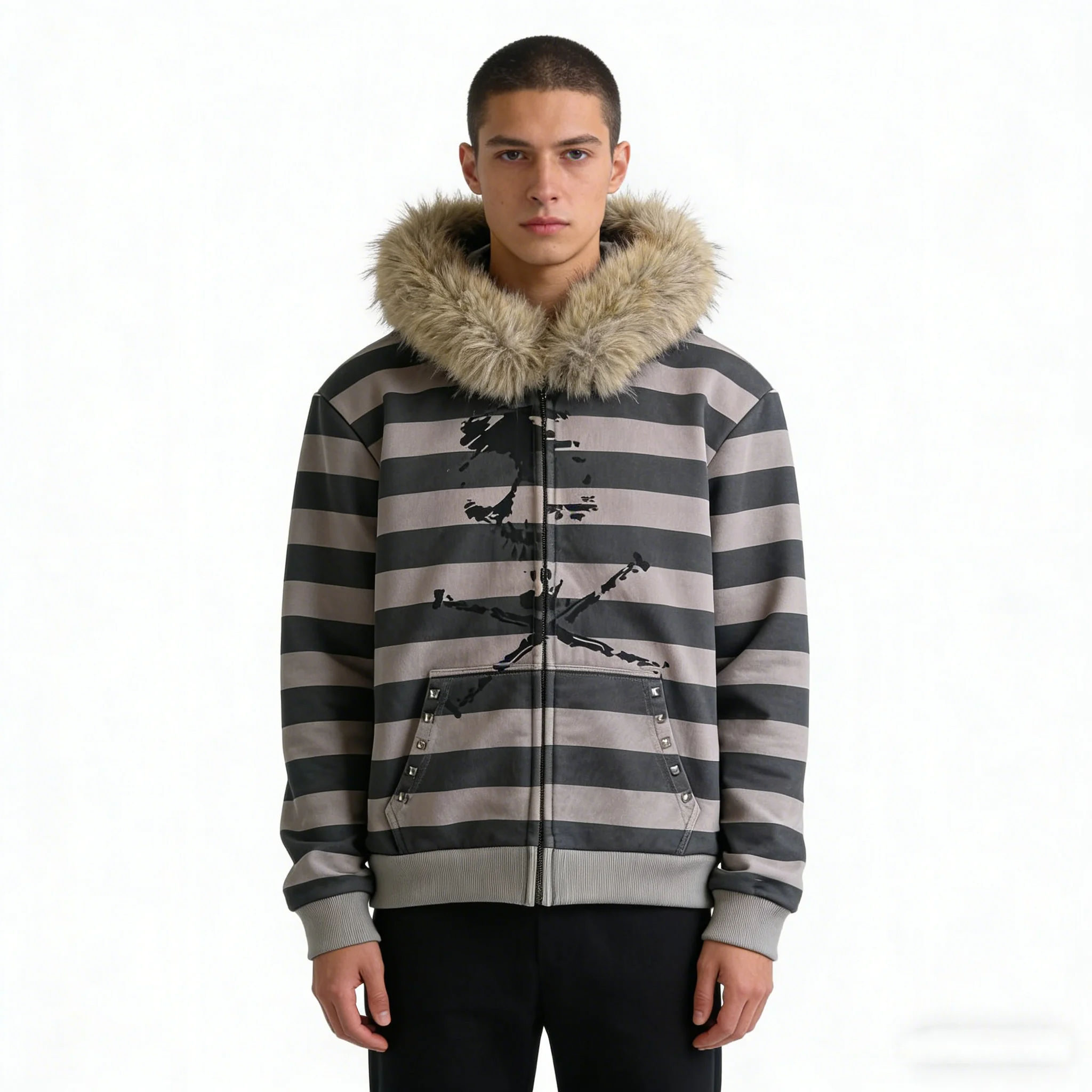 

2025 independent station new women's hoodie fur collar jacket striped printed long sleeved loose hooded sports hoodie