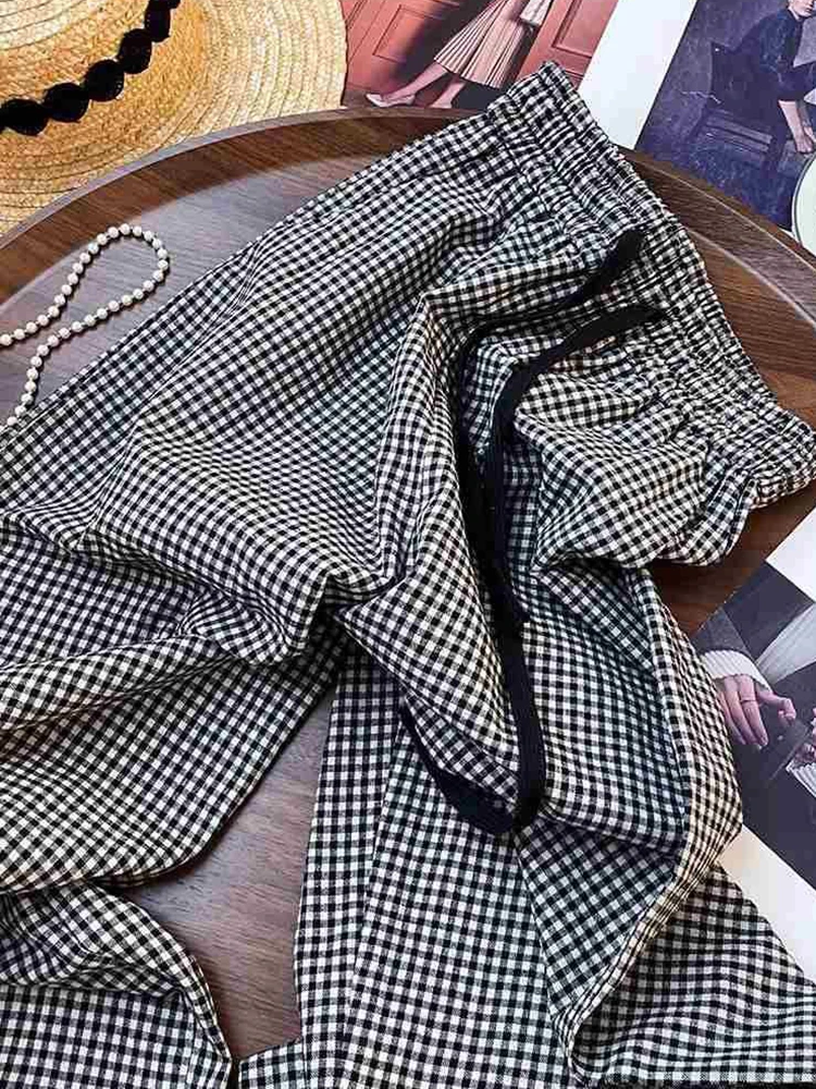 Zoki カジュアル甘いチェック柄パンツ女性ハイウエストルーズヴィンテージ韓国ワイドレッグパンツ夏シンプルなレトロ女性すべて一致パンツ