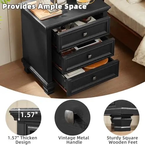 3-Drawer Nightstand Set of 2 with Solid Wood Legs, Black | Pair of three-drawer bedside tables with sturdy square wood image 5