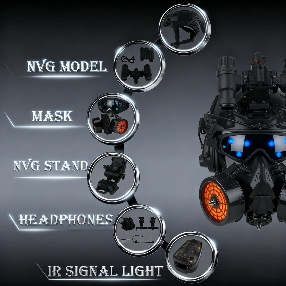 Airsoft Tactical Helmet Set with Comm System Gothic Military Cyberpunk Style Mask Goggles AN/PVS31 NVG Model LED Signal Light