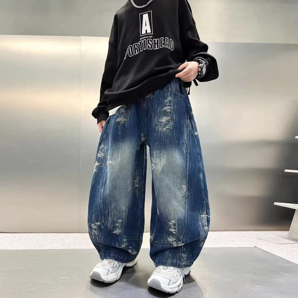 2026 New Boys Ripped Curved Jeans Spring Autumn Teen Wide Leg Streetwear Casual Denim Pants Fashion Long Trousers