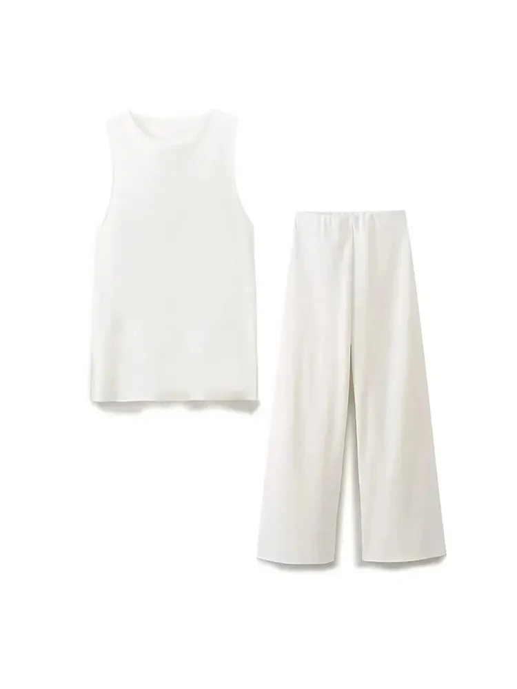 HH 2024 Women Summer 2 Piece Vest Pant Sets Female Soild Casual O Neck Vest Top+ Elastic Waist Loose Trousers Spring Outfits