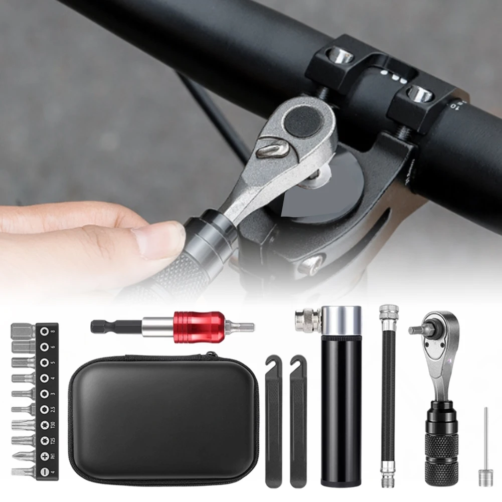 Ratchet Wrench Screwdriver Tire Levers Multi Function Repair Kit Box With Bike Pump For Bike Maintenance And Outdoor Cycling
