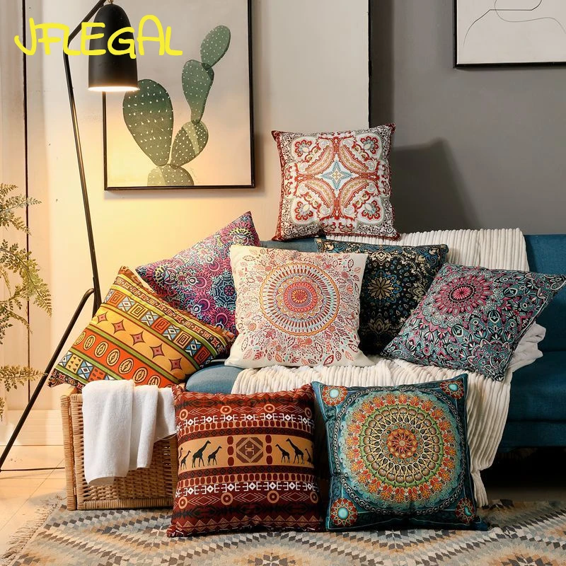 

Ethnic Style Retro Pillow Bohemian Square Cushion Homestay Bedroom Living Room Sofa Backrest Light Luxury Waist Pillow with Core