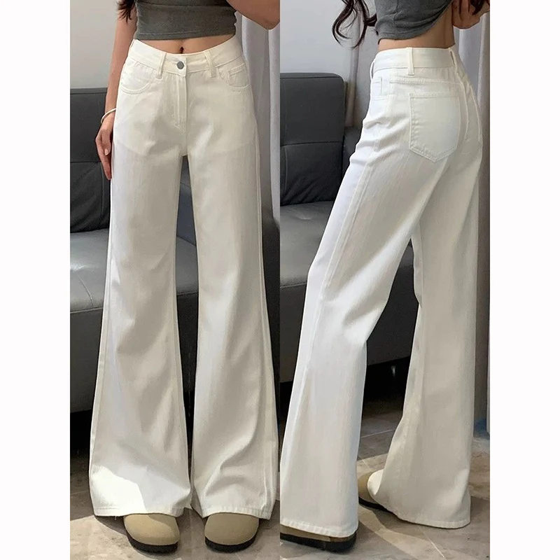 

2026 Girls Classic White Flared Jeans Women Korean Solid Low Waist Denim Trousers Lady Comfortable Slim Fit Pants