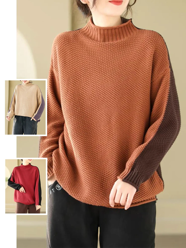 

Autumn Winter Fashion Patchwork Knitted Women Sweater Loose Half Turtleneck Literary Pullover Elegant Simple Casual Cozy Tops