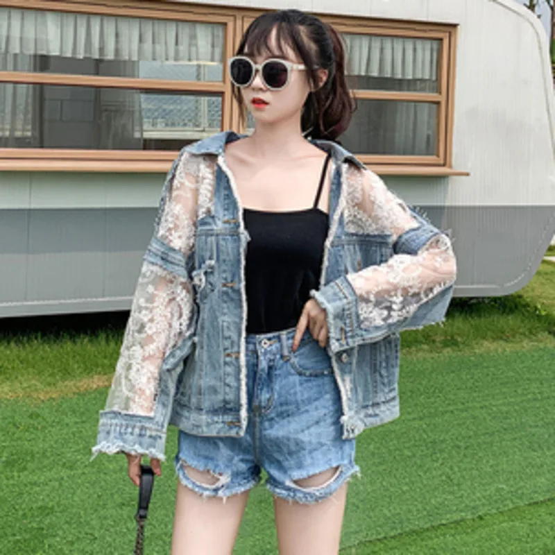 

Autumn Fashion Streetwear Lace Patchwork Denim Jacket Women Embroidery 2024 Summer Patchwork Loose Jean Sunscreen Coat Female