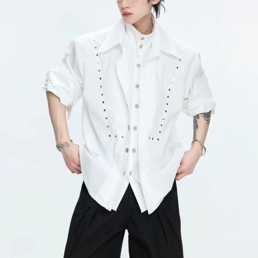 Mens Y2k Faux Two Piece Studded Shirt Summer Streetwear Fashion Youth Stage City Boy Lightweight Punk Long Sleeve Top 2026 New