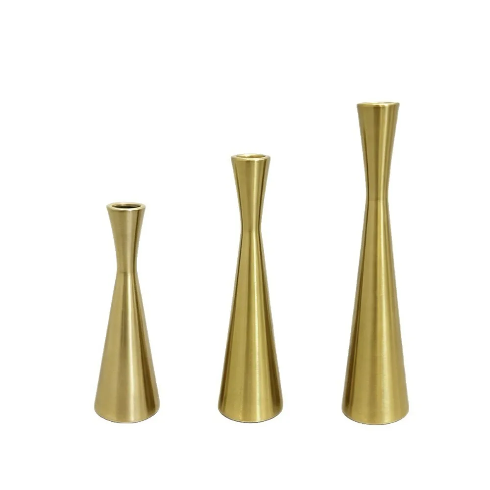 3pcs Aluminum Geometric Candle Holder 2.36in Large Medium Small Taper Candle Holder Gold Color Candlestick Holder Set