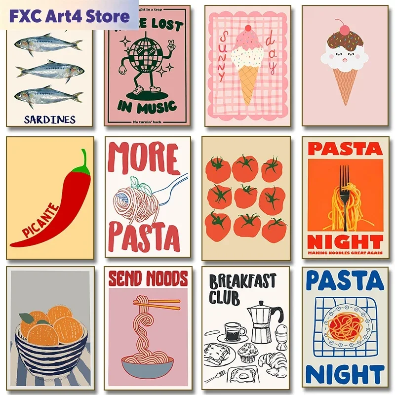 Póster de ilustración sin marco de helado, pasta, tomate, desayuno, comida, chile rojo, pintura en lienzo, arte de pared para cocina