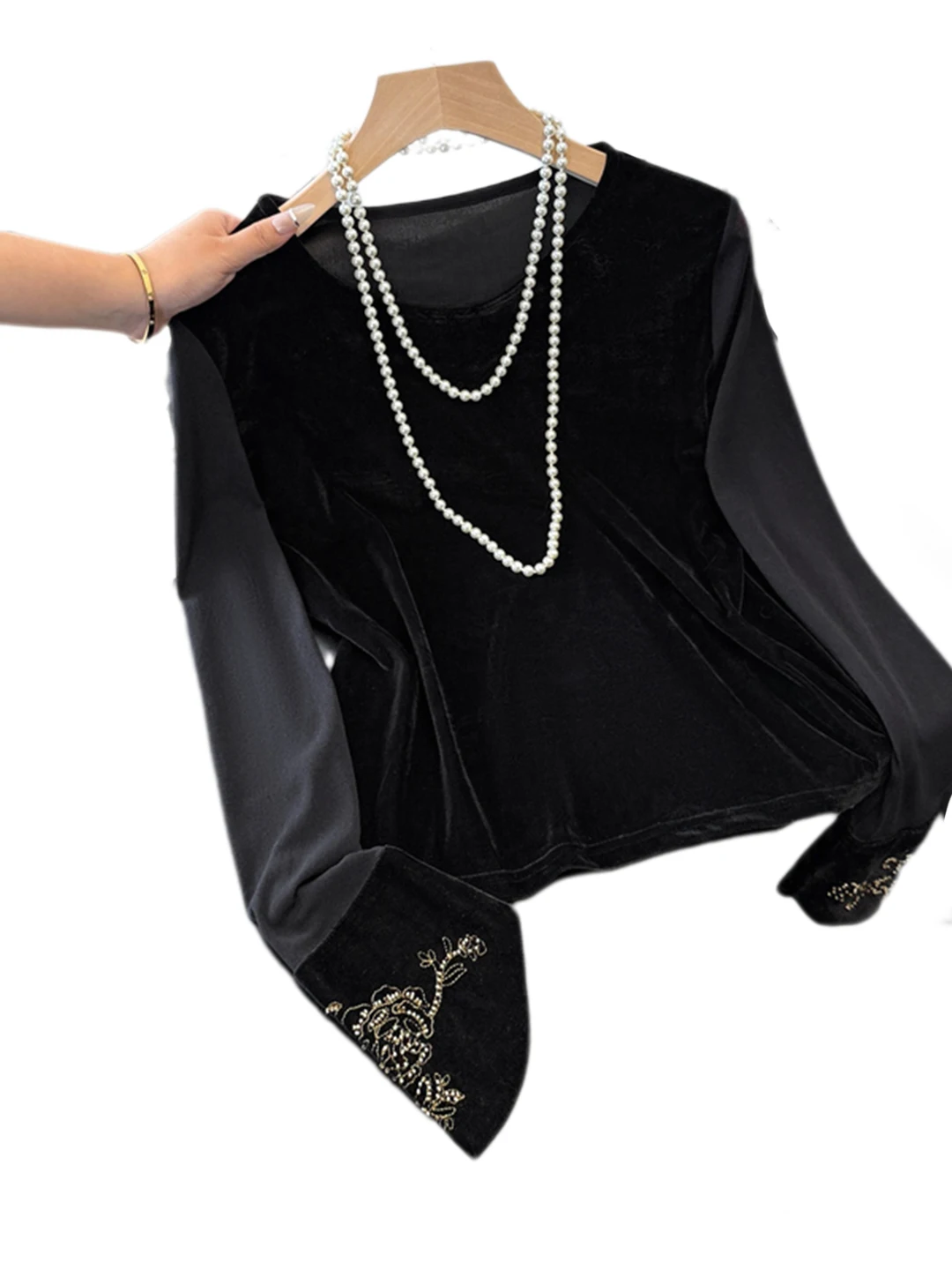 Ele Bla Velvet Long Sve Embroidered irt Women's Inner Wear Base Top New Chinese Sle High Faion Autumn Collection