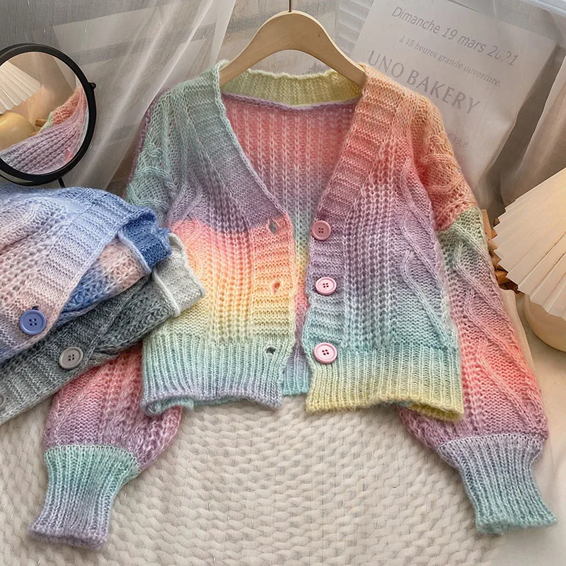 Korean Style Female Rainbow Gradient Sweater V Neck Single Breasted Batwing Sleeve All-Matched Women Knitting Cardigans Tops