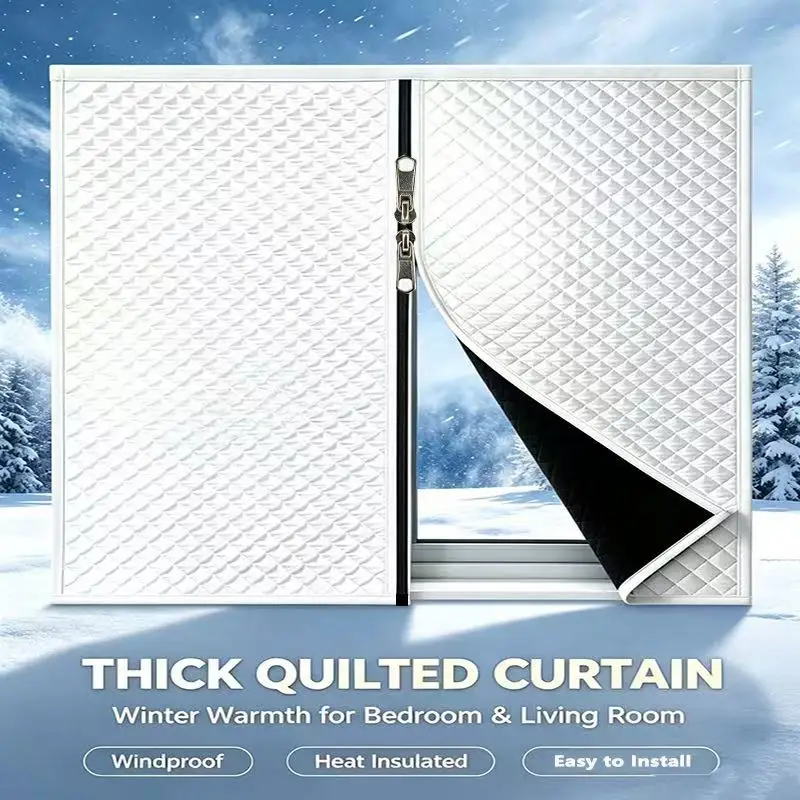 Thick Quilted Winter Thermal Window Curtain, No‑Drill Self‑Adhesive, Custom Size Available, for Bedroom Living Room Home Use