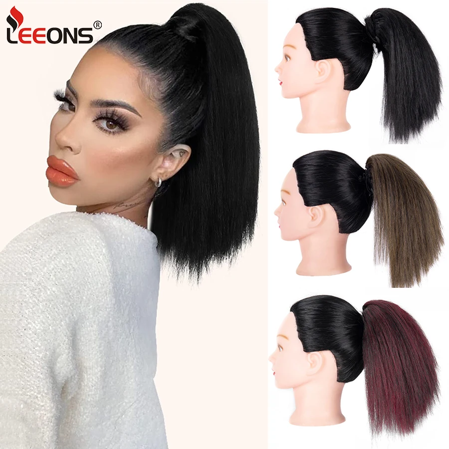 Leeons 10 Inches Synthetic Yaki Fluffy Drawstring Ponytail Yaki Straight Black Ponytail Extensions Clip In Hairpieces For Women