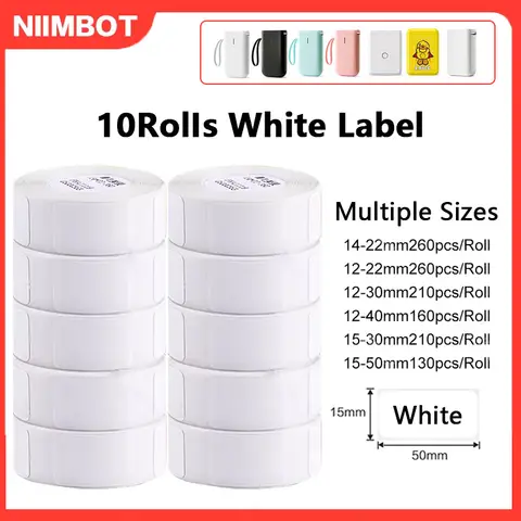 Niimbot Officia Label Sticker Paper 10 Rolls White Tape Papers Waterproof Anti-Oil Thermal Label 12-15mm For D11 D101 D110 Print