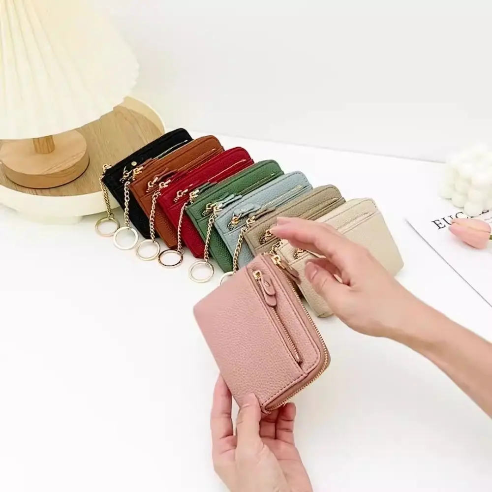 

Leather Coin Purse Multi Card Slots Zipper Closure Keychain Wallet Multi Functional Solid Color Coin Pocket Earphone Storage